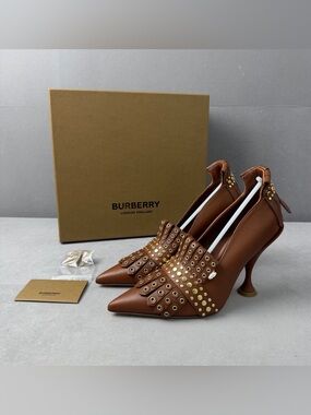 🚩steal Burberry Brown Leather Pointed-Toe Studded Heels